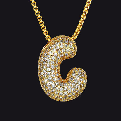 Gold Diamond Bubble Letter Initial Chain Necklace for