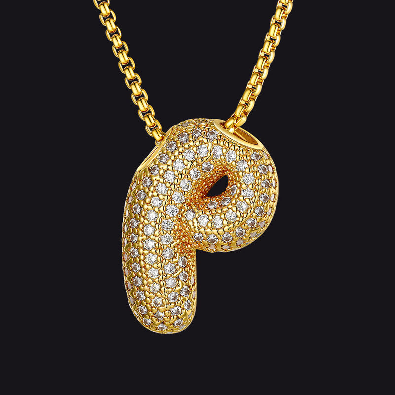 Gold Diamond Bubble Letter Initial Chain Necklace for