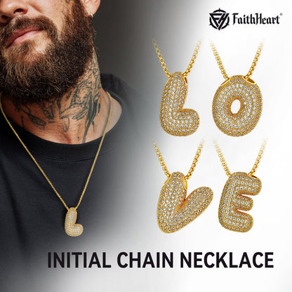 Gold Diamond Bubble Letter Initial Chain Necklace for
