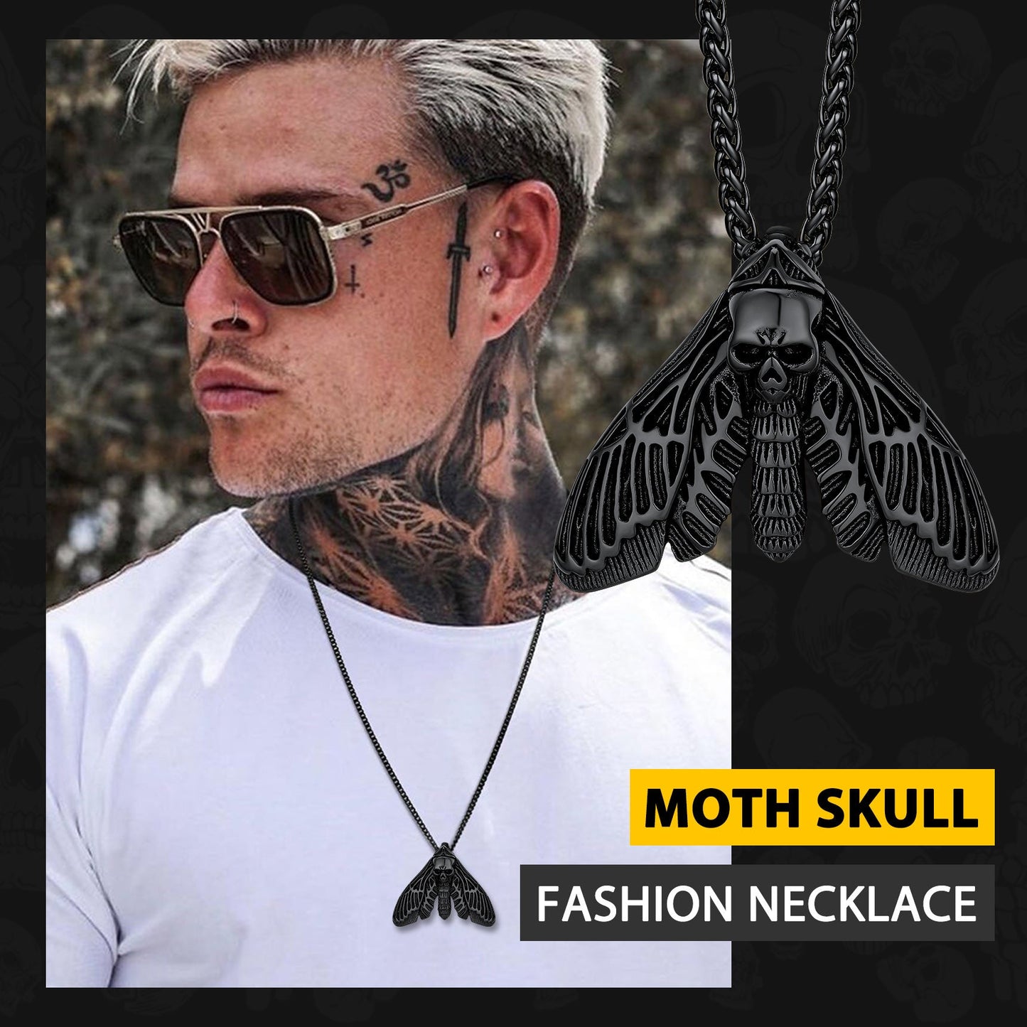 Cool Gothic Skull Moth Necklace for