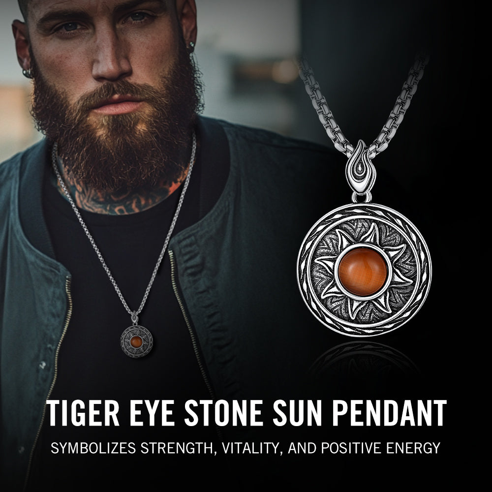 Gothic Tiger Eye Stone Sun Pendant Protection Necklace for