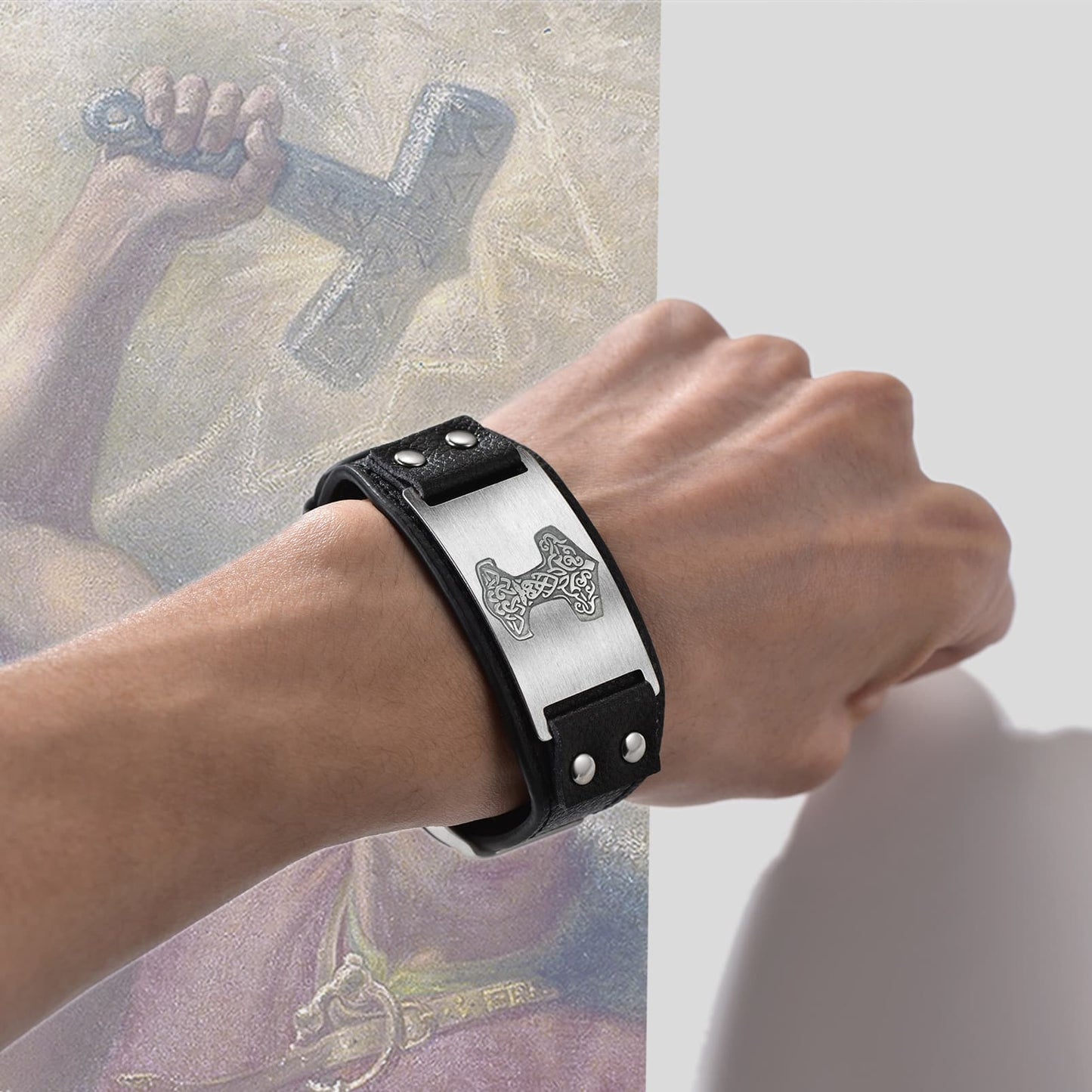 Viking Thor's Hammer Cuff Bracelet Leather Wristband for Son
