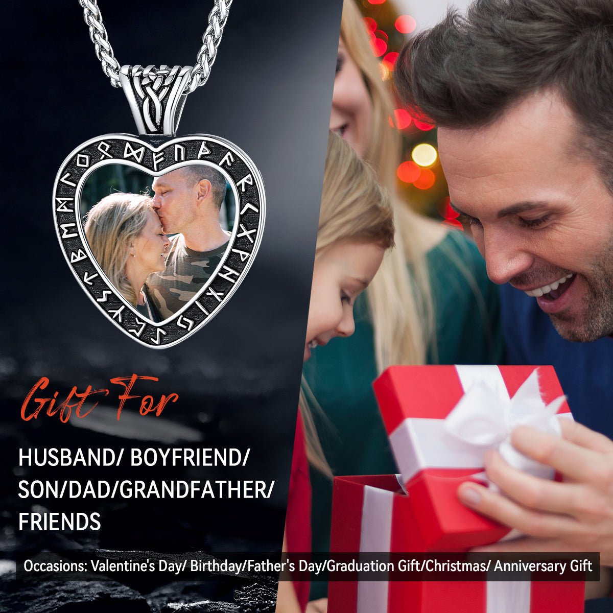 Custom Engraved Photo Heart Necklace With Viking Rune Memorial Gift