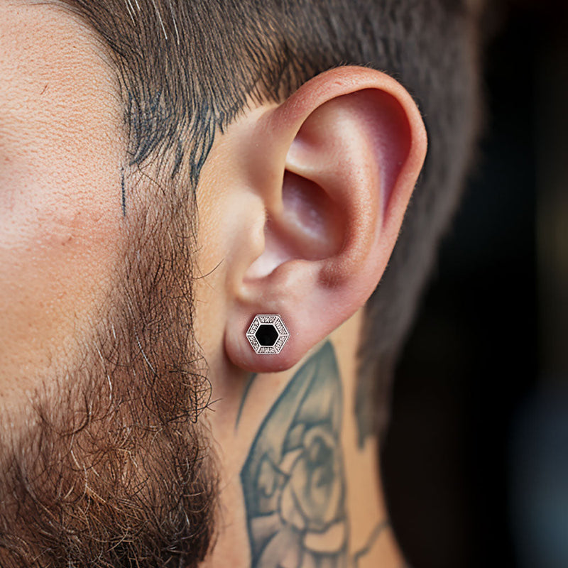 Viking Rune Hexagon Black Onyx Stud Earrings for