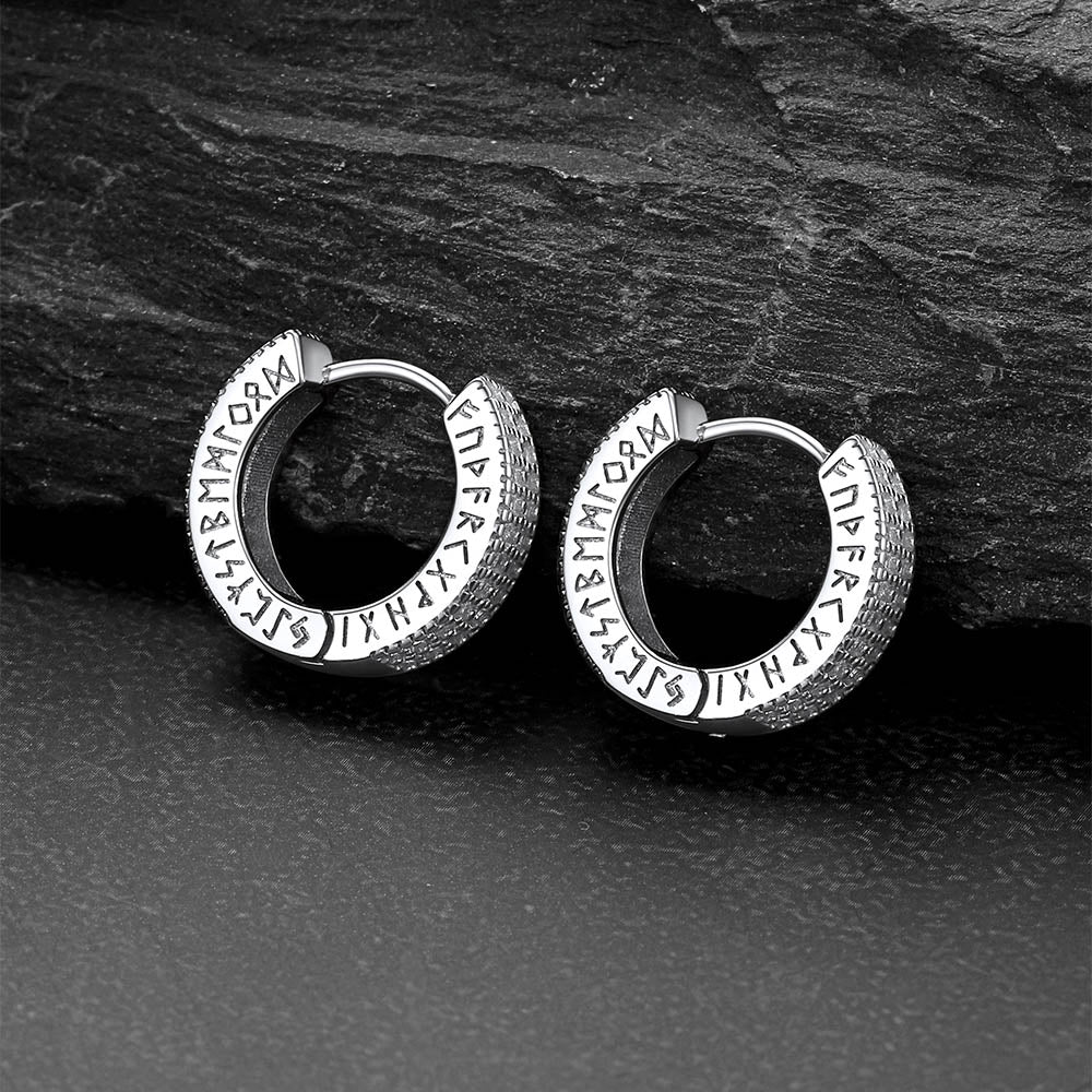 Sterling Silver Diamond Hoop Earrings With Viking Runes for