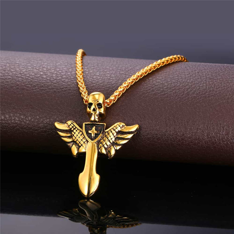 Gothic Skull Cross Necklace With Wing for