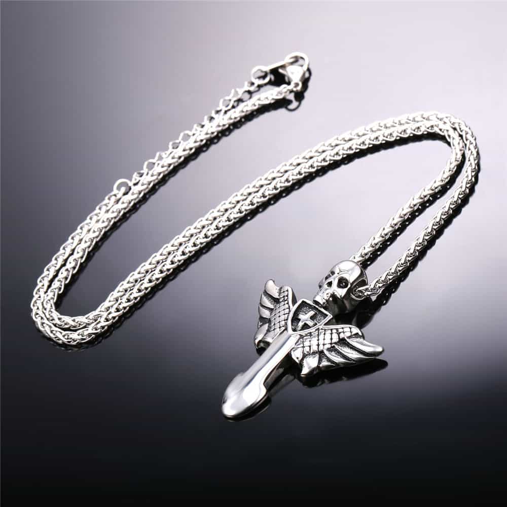 Gothic Skull Cross Necklace With Wing for