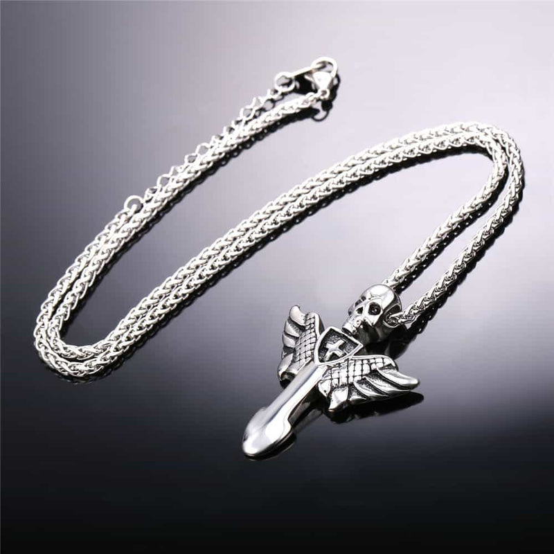 Gothic Skull Cross Necklace With Wing for