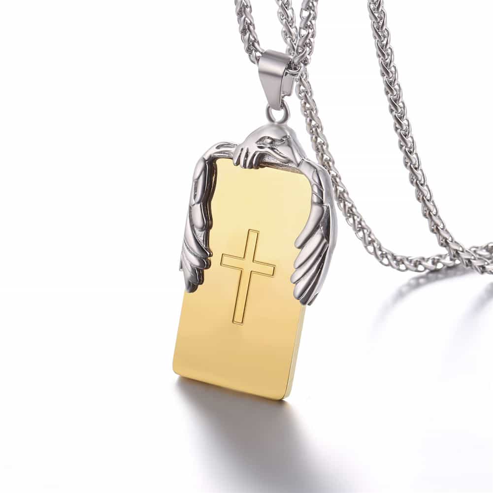 Christian Cross Necklace Dog Tag With Wing