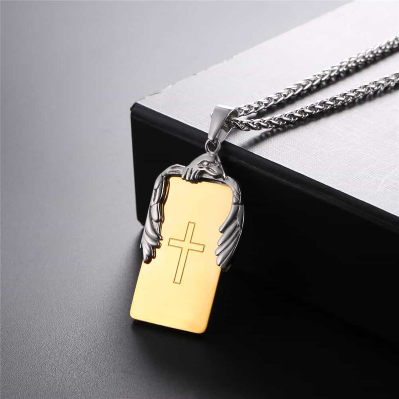Christian Cross Necklace Dog Tag With Wing