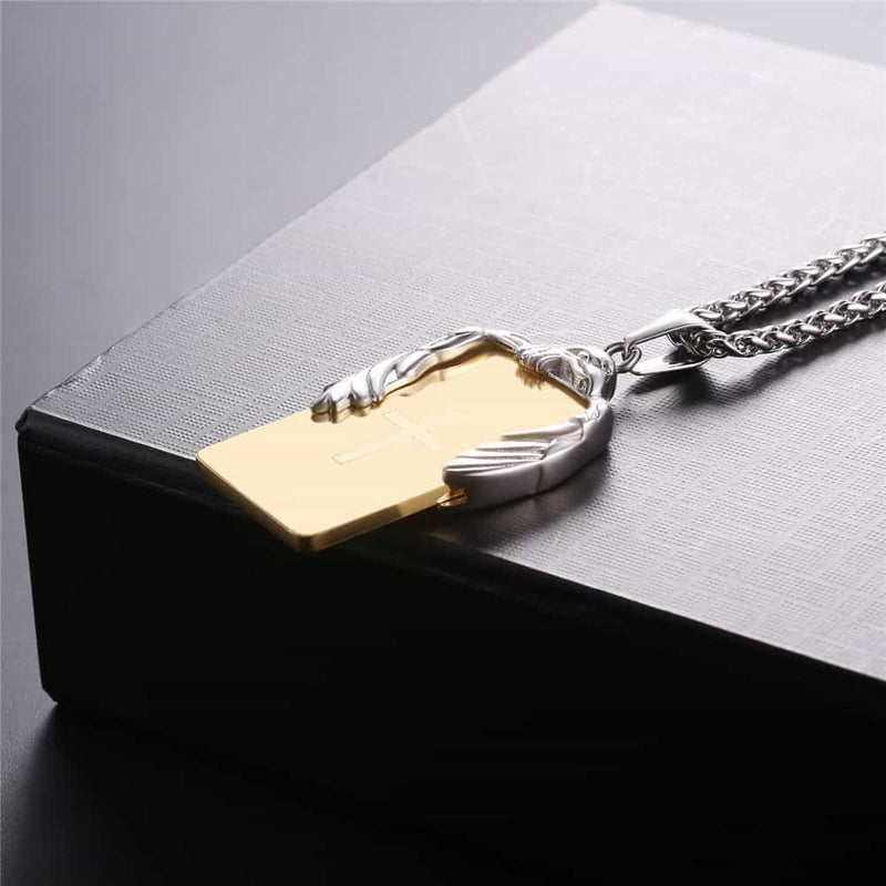 Christian Cross Necklace Dog Tag With Wing