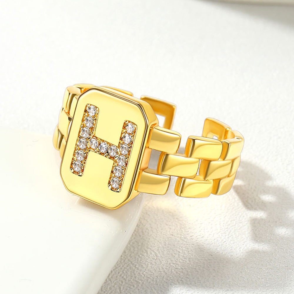 Cubic Zirconia Initial Letter Adjustable Chain Signet Rings for