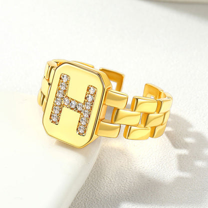 Cubic Zirconia Initial Letter Adjustable Chain Signet Rings for