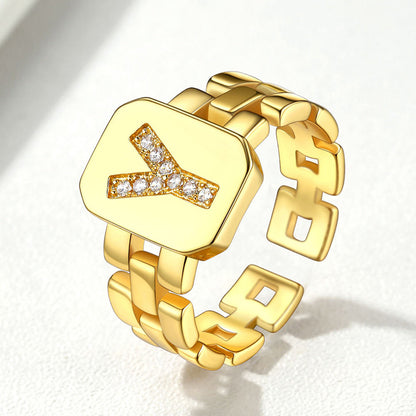 Cubic Zirconia Initial Letter Adjustable Chain Signet Rings for