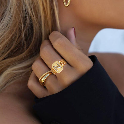 Cubic Zirconia Initial Letter Adjustable Chain Signet Rings for