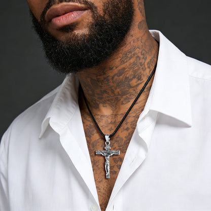 Jesus Crucifix Cross Braided Leather Pendant Necklace for