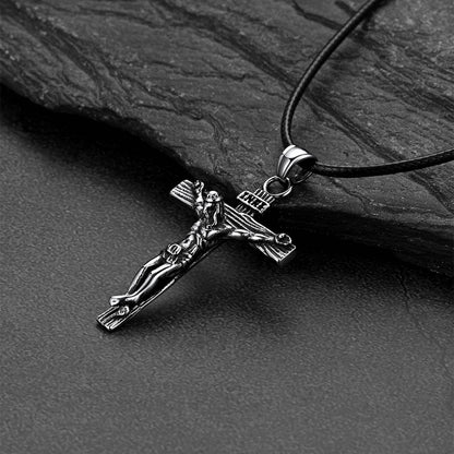 Jesus Crucifix Cross Braided Leather Pendant Necklace for