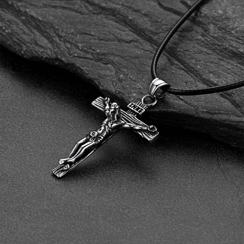 Jesus Crucifix Cross Braided Leather Pendant Necklace for