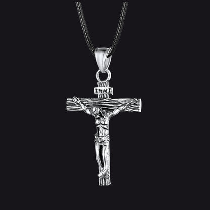 Jesus Crucifix Cross Braided Leather Pendant Necklace for
