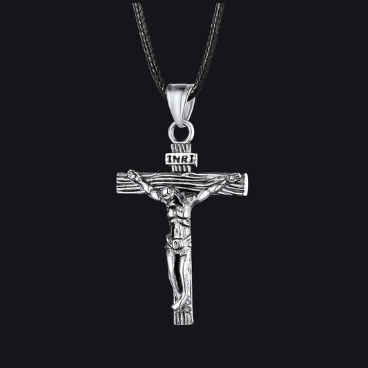 Jesus Crucifix Cross Braided Leather Pendant Necklace for