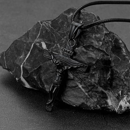 Jesus Crucifix Cross Braided Leather Pendant Necklace for