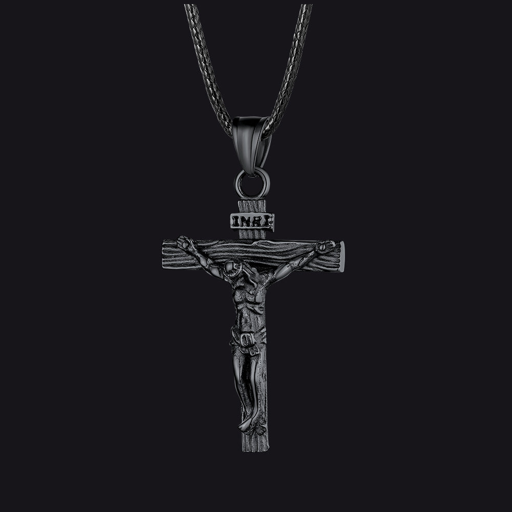 Jesus Crucifix Cross Braided Leather Pendant Necklace for