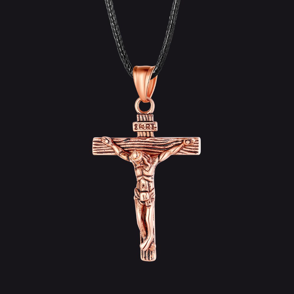 Jesus Crucifix Cross Braided Leather Pendant Necklace for