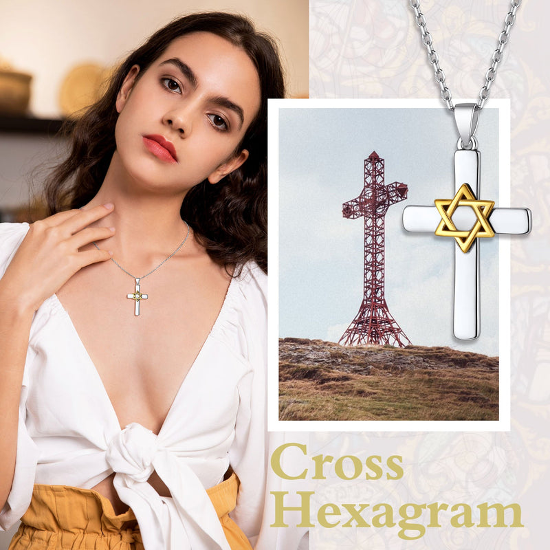 Silver Cross Star of David Pendant Necklace for