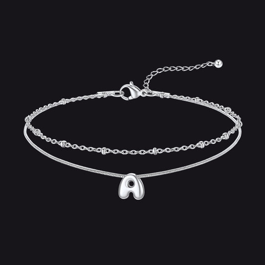 Layered Chain With Beads Bubble Initial Anklets for Mom Gift