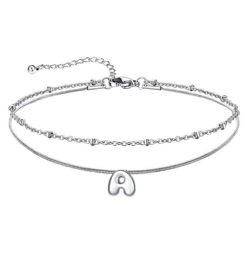 Layered Chain With Beads Bubble Initial Anklets for Mom Gift