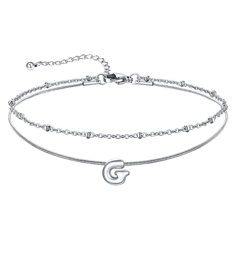 Layered Chain With Beads Bubble Initial Anklets for Mom Gift