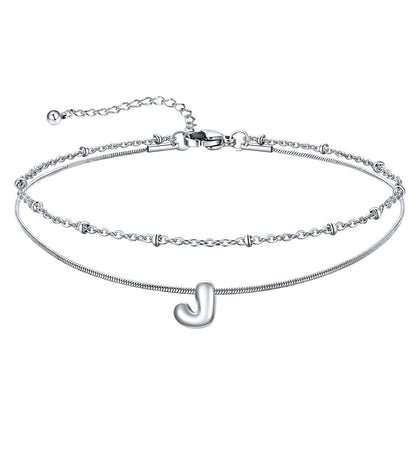 Layered Chain With Beads Bubble Initial Anklets for Mom Gift