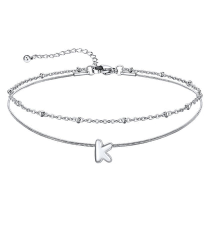 Layered Chain With Beads Bubble Initial Anklets for Mom Gift