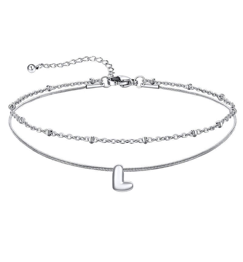 Layered Chain With Beads Bubble Initial Anklets for Mom Gift