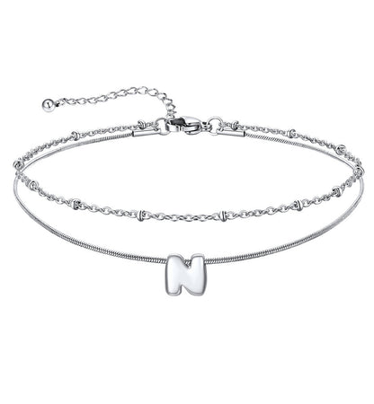 Layered Chain With Beads Bubble Initial Anklets for Mom Gift