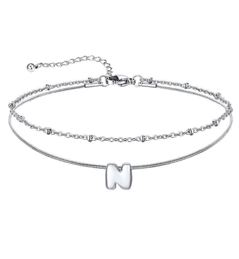 Layered Chain With Beads Bubble Initial Anklets for Mom Gift