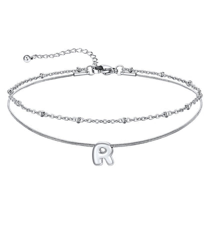 Layered Chain With Beads Bubble Initial Anklets for Mom Gift