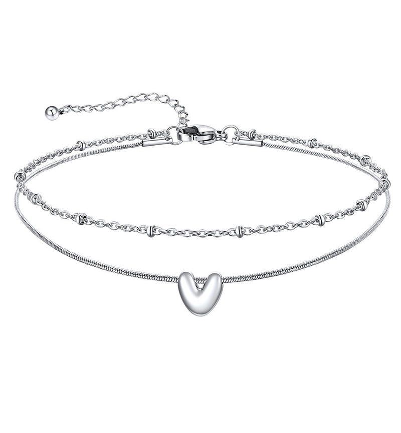 Layered Chain With Beads Bubble Initial Anklets for Mom Gift