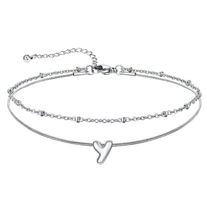 Layered Chain With Beads Bubble Initial Anklets for Mom Gift