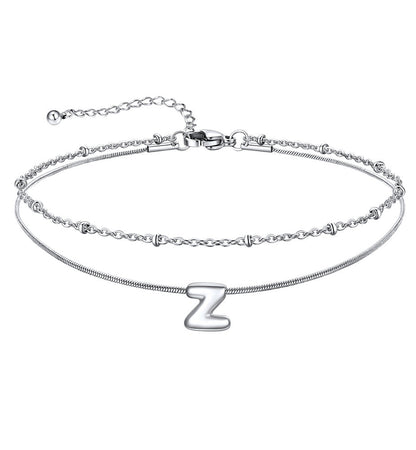Layered Chain With Beads Bubble Initial Anklets for Mom Gift