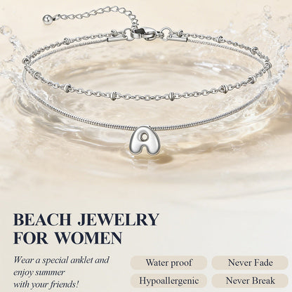 Layered Chain With Beads Bubble Initial Anklets for Mom Gift