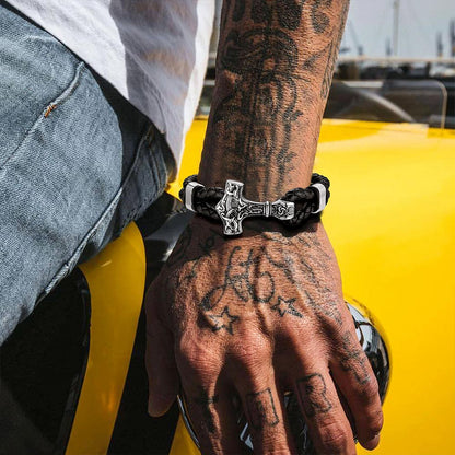Viking Thor's Hammer Mjolnir Braided Leather Bracelet Gift for