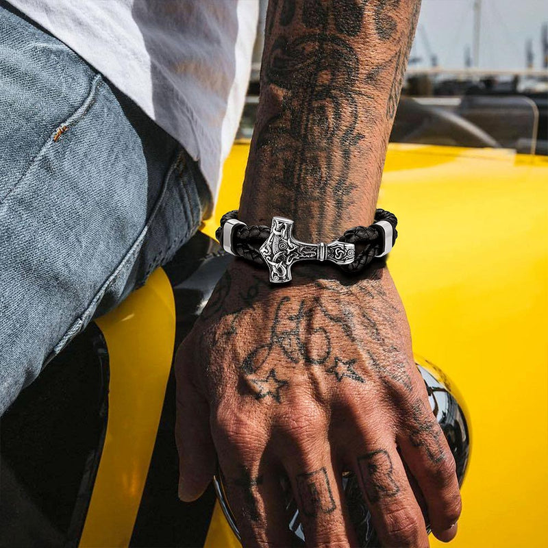 Viking Thor's Hammer Mjolnir Braided Leather Bracelet Gift for