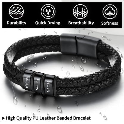 Personalized Braided Leather Bracelet With Engraved Name Beaded for