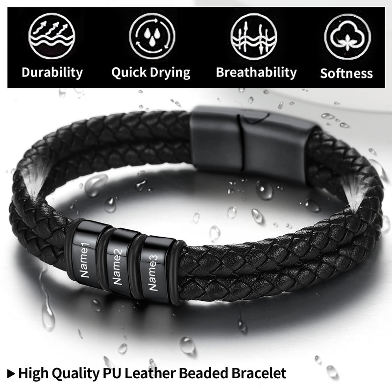 Personalized Braided Leather Bracelet With Engraved Name Beaded for