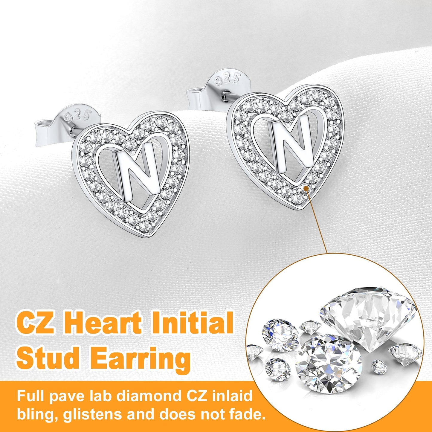 Silver Heart Initial Letter Stud Cubic Zirconia Earrings for Girl