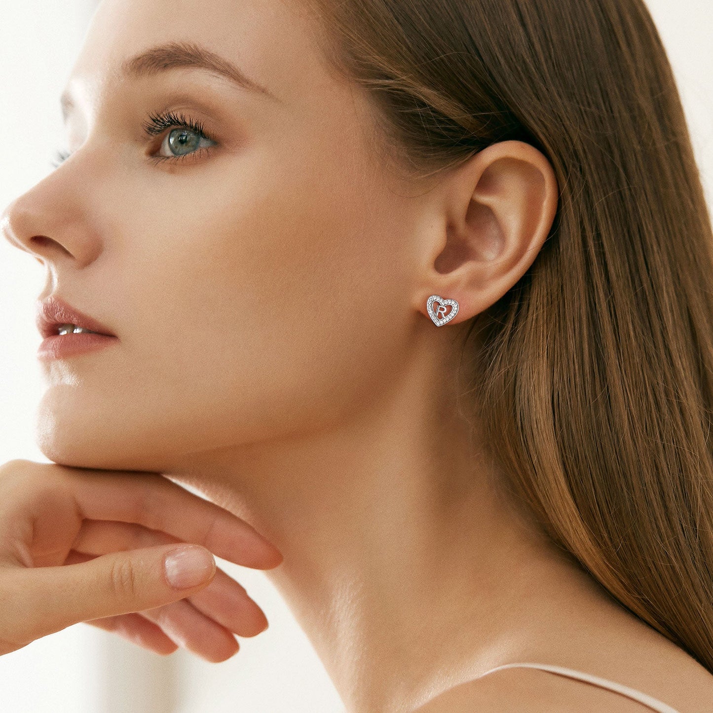 Silver Heart Initial Letter Stud Cubic Zirconia Earrings for Girl