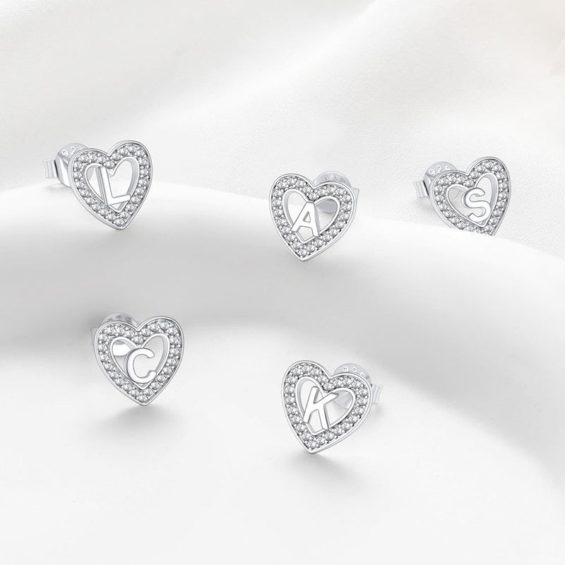 Silver Heart Initial Letter Stud Cubic Zirconia Earrings for Girl