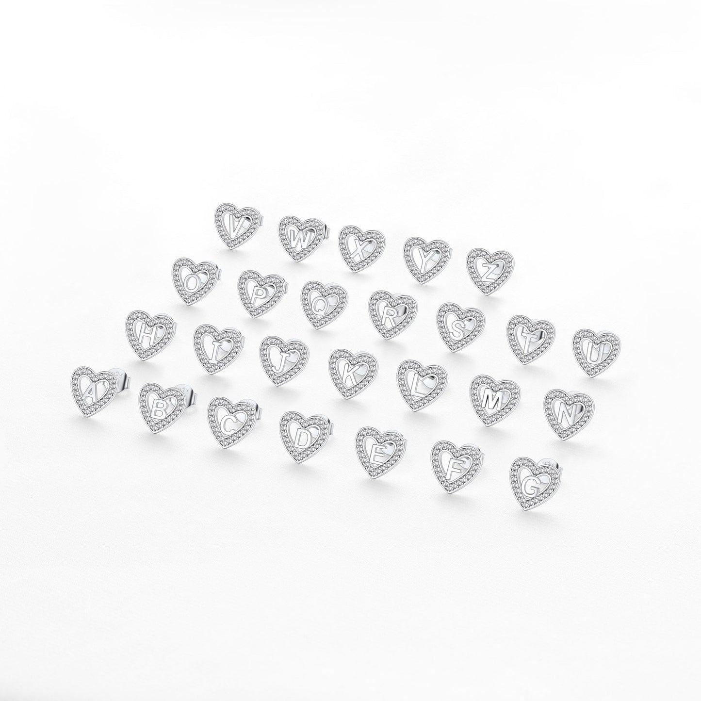 Silver Heart Initial Letter Stud Cubic Zirconia Earrings for Girl