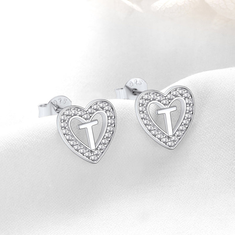 Silver Heart Initial Letter Stud Cubic Zirconia Earrings for Girl